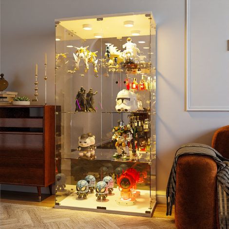 Pergar – Vitrine en verre trempé 4 étagères – Éclairage réglable – Double porte avec serrure – Dimensions 80.5x36.5x164 cm – Design moderne blanc