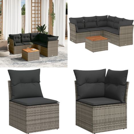 6-tlg. Garten-Sofagarnitur mit Kissen Grau Poly Rattan - Gartenmöbel Set - PE-Rattan Möbel - Outdoor Sofa - Esstisch - Lounge Set - Home & Living (1/5)