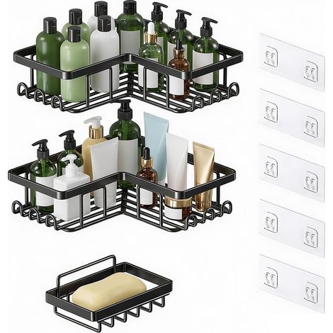 Étagère de douche d'angle sans perçage en forme de L - Ensemble de 3 pièces avec 12 crochets et porte-savon : étagère de salle de bain en acier inoxydable : organisateur de salle de bain (1/5)