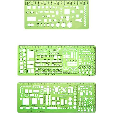 Set mit 6 Zeichenschablonen für Schalungsbau, geometrisches Design, Büromöbel, Messschablone, Lineal für Schule und Bürobedarf