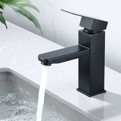 Robinet de lavabo carré noir, mitigeur salle de bain eau chaude/froide. Acier inoxydable, design moderne, facile à installer sur tout lavabo. (1/5)