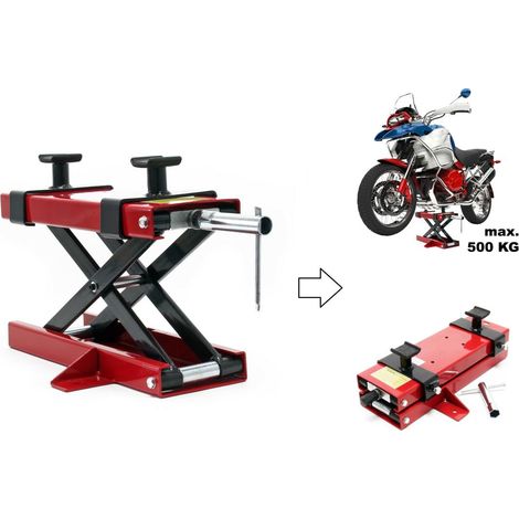 Pont élévateur moto 500 kg – Hauteur de travail réglable 150-480 mm – Supports en caoutchouc pour stabilité – Surface d'appui 450x150 mm