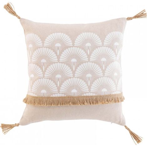 Coussin déhoussable avec pompons – 40 x 40 cm – Polycoton imprimé & jute Bahina Blanc (1/5)