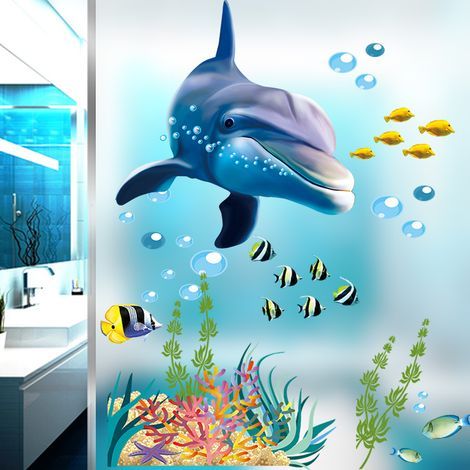 Un conjunto de pegatinas de pared con motivos del mundo submarino y delfines, pegatinas decorativas removibles para la sala de estar, el baño y la habitación de los niños. (1/5)
