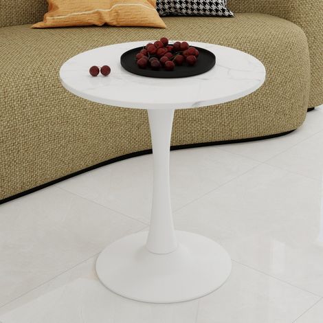 Mesa de comedor redonda 70x70x72 cm - Estilo moderno - Tablero con efecto mármol blanco veteado - Pata tulipán - Blanco