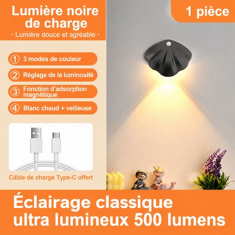 Applique murale LED forme coquille 5W, 1 pièce noir, modèle 500, rechargeable, détecteur de mouvement, 3 couleurs, 300 g – Livraison gratuite
