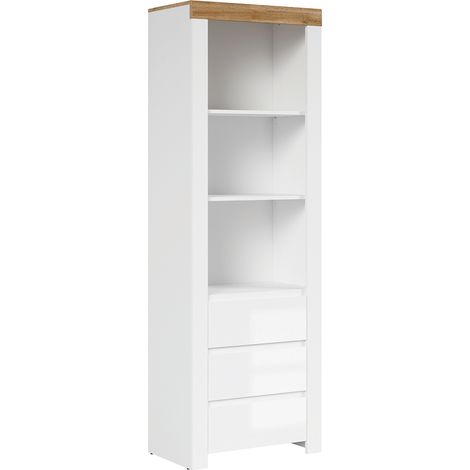 Bücherregal Hella mit 3 Schubladen, Weiß und Holzoptik, 203cm