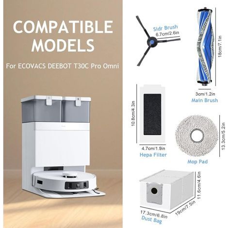 22 Pièces Accessoires pour ECOVACS DEEBOT T30C Pro Omni aspirateur rechange,1 brosse principale,6 serpillières,4 sacs à poussière,4 filtres,6 brosses latérales (1/3)