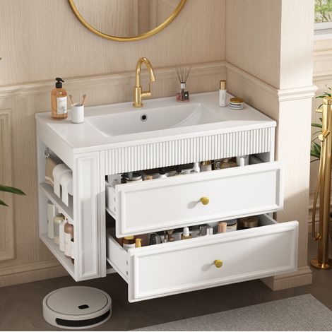 Mobile sottolavabo sospeso 81x47 cm in MDF bianco con lavabo in ceramica - CHICFURN (1/5)
