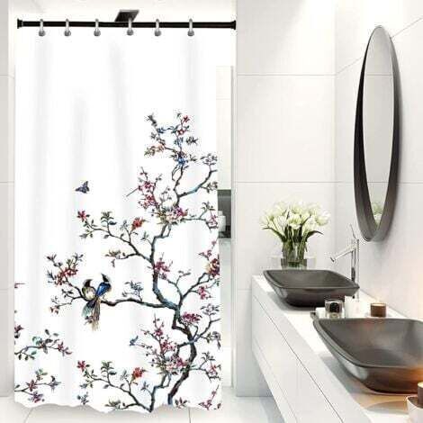 Rideau de douche en tissu résistant à la moisissure pour homme et femme avec 12 crochets Motif oiseau Blanc 90 x 180 cm