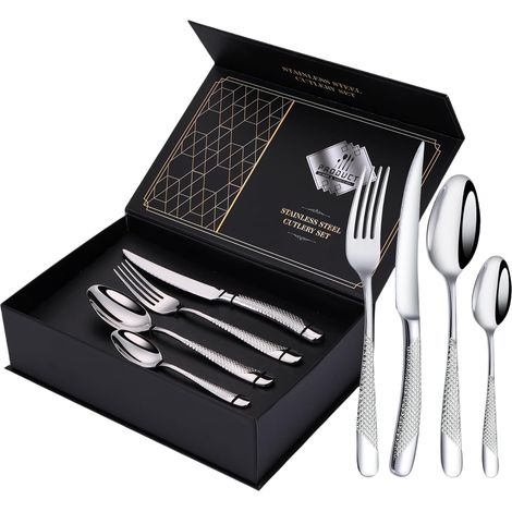Lot de 24 couverts martelés en acier inoxydable avec couteau, fourchette, cuillère, couverts pour 6 personnes, couverts modernes en argent pour la maison/restaurant/fête (1/5)