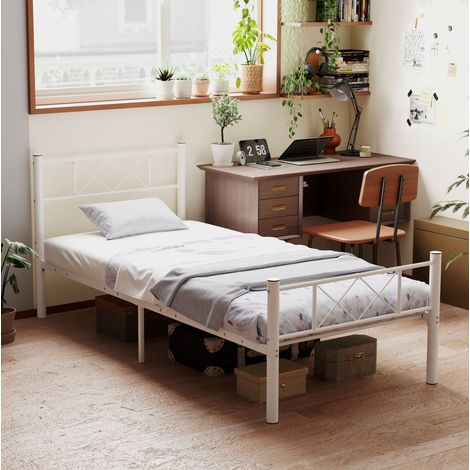 Letto singolo moderno in acciaio bianco 90x200 cm con testiera e pediera alte, rete integrata (1/5)