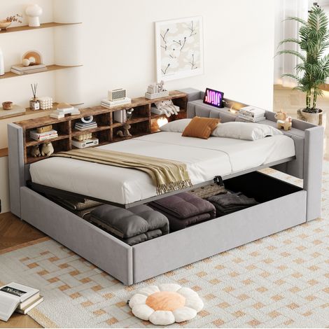 Bett 140x200 cm gepolstert in Hellgrau mit hydraulischem Stauraum, USB/Type-C, Nachtlicht, Ablagen und Lattenrost (1/5)