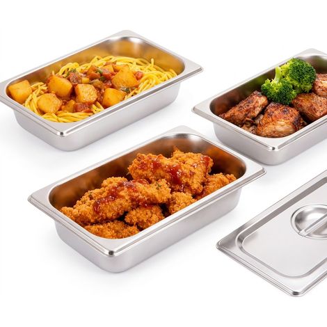 Relaxdays Gastro Behälter 3er Set, Edelstahl, GN 1/3, Gastronormbehälter mit Deckel, HBT 6,5x32,5x17,6 cm, Küche, silber