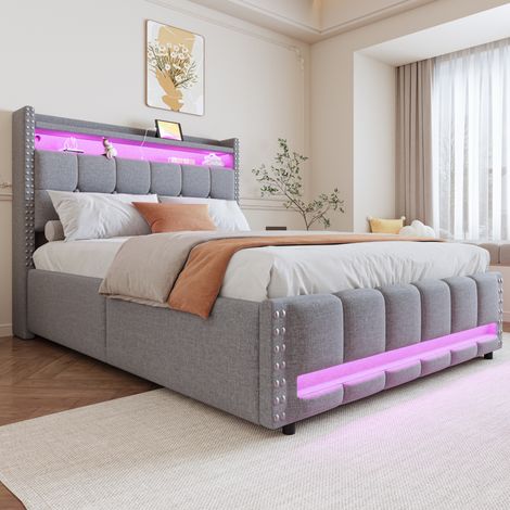 140x200 cm Bettkasten mit LED-Beleuchtung und USB-Anschluss, Doppelbett für Erwachsene mit Regalen und Stauraum, Leinenstoff, hellgrau (1/5)
