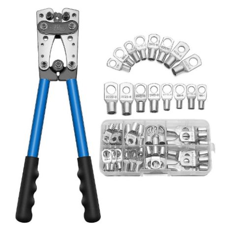 Crimpzange + 60-teiliges Kabelschuhset – AWG 10–0, 6/10/16/25/35/50 mm², Multifunktions-Kabelschneider mit rutschfestem Griff