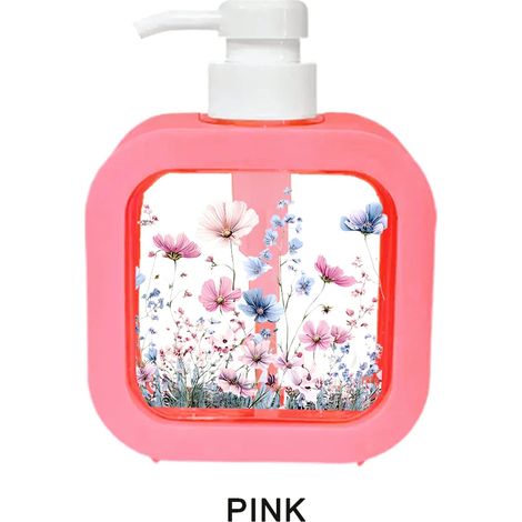 (Rose 300 ml) Distributeur de savon liquide rechargeable à motif floral rose et bleu, flacon pompe pour salle de bain et cuisine. (1/5)