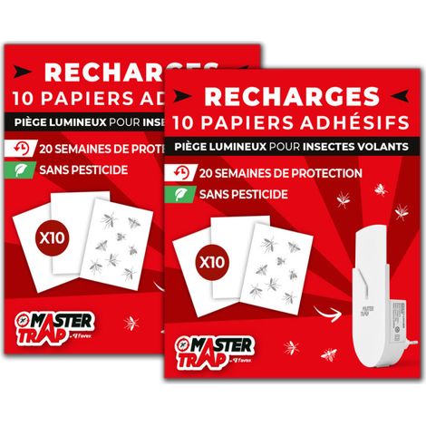 MASTER TRAP - Lot de 20 recharges pour piège lumineux insectes volants Master Trap - Protection mites, mouches à fruits, moucherons - 20 papiers autocollants - Protection 40 semaines (1/2)