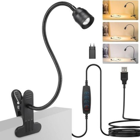 Lampe de Bureau à Pince, Lampe Lecture Clipsable à Col de Cygne flexible à 360°(avec chargeur), Lampe à Pince avec 3 Modes d’Éclairage &10 Luminosité, Angle de faisceau réglable de 15° à 80° (1/5)
