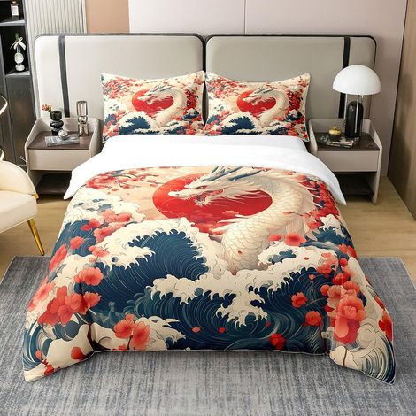 Housse de couette 135 x 200 cm - Motif dragon blanc - 100 % coton - Motif animal antique magique - Fleur de cerisier - Style japonais - Lever de soleil oriental chinois (1/5)