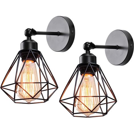 Applique Murale Industrielle, Lot de 2 Lampe Murale Vintage Design Rétro Abat-jour Lumière Cage en Métal Mini Applique Interieur, Noir, Cage A, Rotation à 180 °, 16cm (1/5)