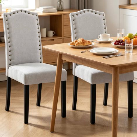 Silla de comedor moderna de respaldo alto, lino y madera, gris claro, pack de 2 (1/5)