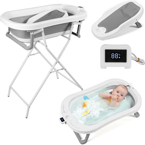 Wolketon Platzsparende faltbare Babybadewanne mit Gestell und Thermometer, ergonomische Babywanne für 0–3 Jahre