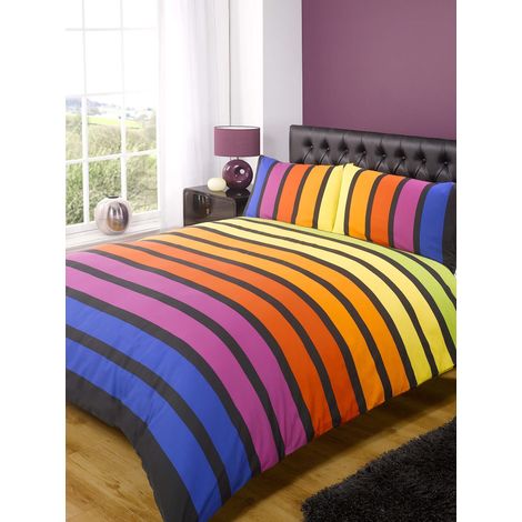 Parure de lit avec Housse de Couette à Rayures Multiples, Bleu, Violet, Orange, Jaune, Vert, lit Double (1/5)