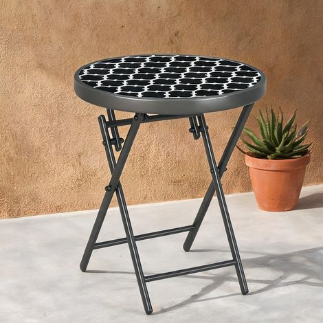 Table de jardin pliante 45 cm plateau verre trempé motifs noir (1/5)