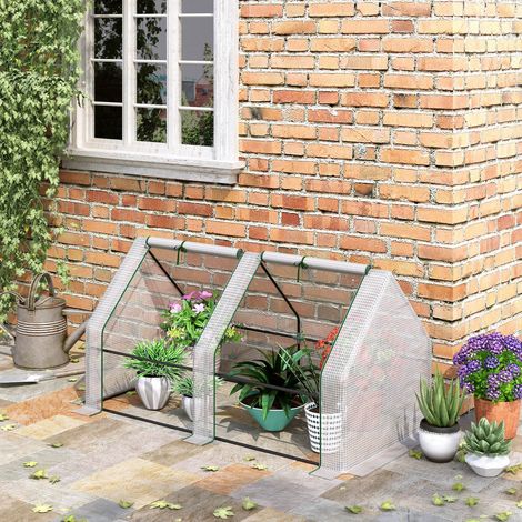 Outsunny Mini-Gewächshaus, Tunnelgewächshaus, 180 x 90 x 90 cm (L x B x H), Spitzdach, Stahl, hochdichtes PE (140 g/m²), UV-beständig, 2 aufrollbare Fenster mit Reißverschluss, Weiß