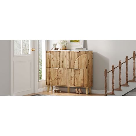 Meuble à chaussures avec rabat aspect bois, 4 portes, grande capacité, plan de travail imitation marbre, panneaux de porte gaufrés 3D, pieds coniques en bois massif, rangement d'entrée (1/5)