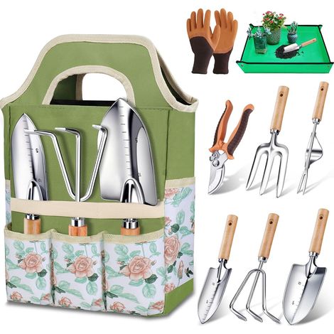 Garden Tools, Stainless Steel Gardening Tool Set 9 Piece Gardening Kit - Ideal for Planting, Weeding and Potting, Gardening Gift for Women and Men (1/5)