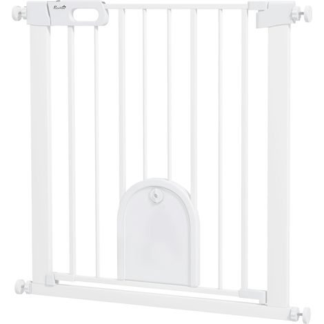 Barrière de sécurité pour animaux avec portillon 76 x 75-82 x 4 cm fermeture automatique moderne épuré en acier blanc (1/5)