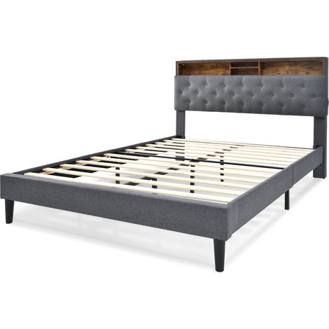 Lit double rembourré avec tête de lit de rangement et LED, 140 x 200 cm, gris (1/5)