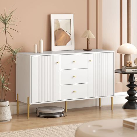 Buffet de cuisine, meuble de rangement à 2 portes, 3 tiroirs à fermeture amortie, 2 étagères réglables, 5 pieds en acier, blanc (1/5)