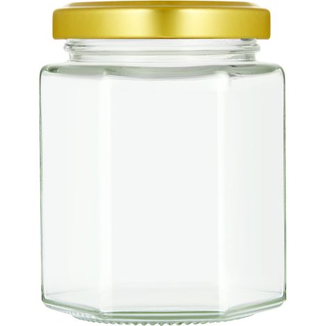 196ml/7oz Pack of 72 Hexagonal Jam Jars with Lids, Glass Storage Honey Jars Pickles Chutneys with Screw Gold Lid