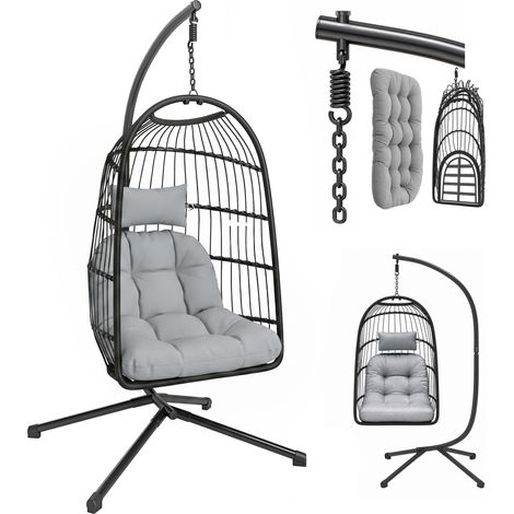 Outsunny silla colgante huevo con soporte, cesta plegable de ratán, cojín grueso, reposacabezas, altura ajustable, para interior y exterior, gris (1/5)
