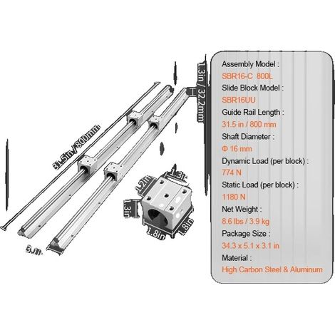 Guías lineales de alta precisión y funcionamiento silencioso, SBR16 800 mm (1/2)