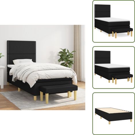 Sommier à lattes de lit avec matelas Noir 90x190 cm Tissu - Lit Double - Lit Plateforme - Matelas À Ressorts Ensachés - Têtière Ajustable - Banc Rangement