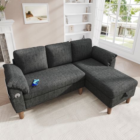 Canapé d'Angle Réversible 3 Places 181x125x88 cm avec Méridienne Coffre, USB et USB-C, Poches Latérales, 2 Coussins, Chenille Gris (1/5)