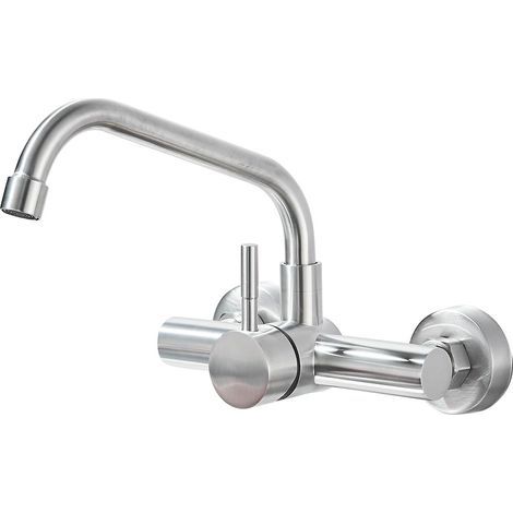 Robinet de Cuisine Mural, Mitigeur Mural Rotatif à 360°, Distance des Trous d'eau Chaude et Froide 150 mm, Robinetterie en Acier Inoxydable 304, Aérateur Démontable, Brossé (1/5)