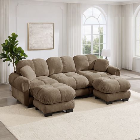 Canapé d'angle 3 places 260 cm canapé modulable en chenille avec 2 poufs mobile, design matelassé, coussins épais, dossier ergonomique, burn (1/5)