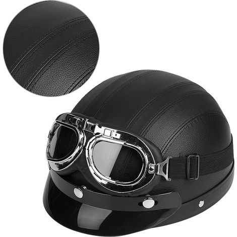 Universal-Motorrad-/Rollerhelm, Kunstleder, offener Halbgesichtshelm, mit Visier und schwarzer UV-Schutzbrille (1/5)