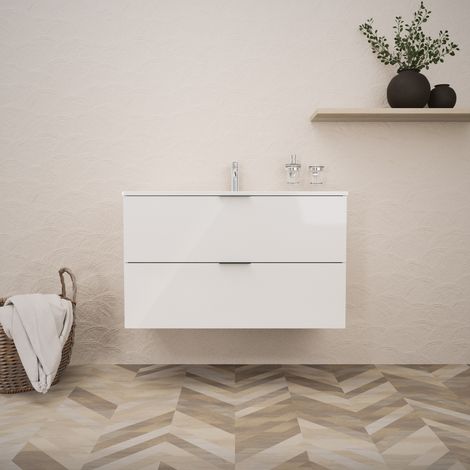Inda - Badezimmerschrank B.100 mit glänzendem Waschbecken / Weiß glänzend 2 Schubladen - Topazio