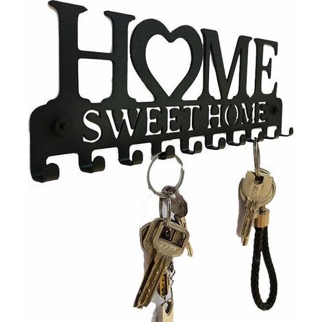 Porte-clés mural Home Sweet Home - Support avec 10 crochets - Porte-clés en métal - Décoration murale vintage pour entrée, cuisine et garage - Noir (1/5)