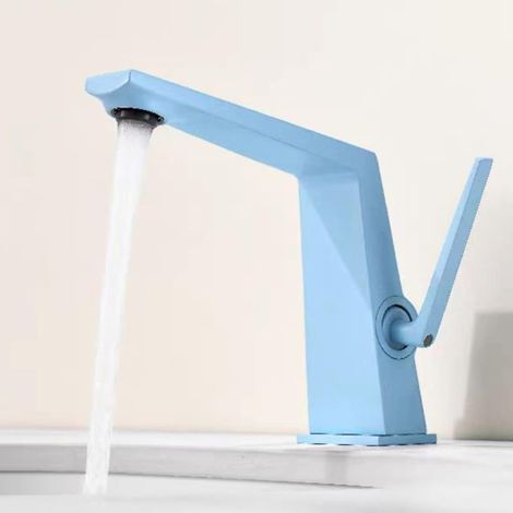 Light blue brass bathroom faucet, single-hole mixer tap with hot/cold water, modern design (1/5)