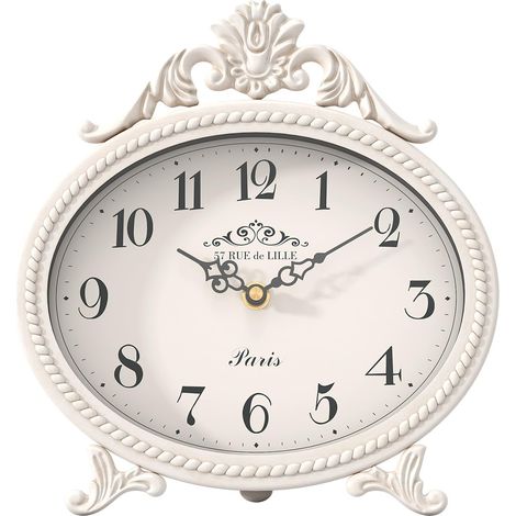 Horloge de Table Vintage sur Support, Horloge décorative de Bureau et étagère, Horloge de cheminée de Style Rustique français, Cadre en métal, Finition Blanche Antique, Ferme, Chambre, Chevet (1/5)