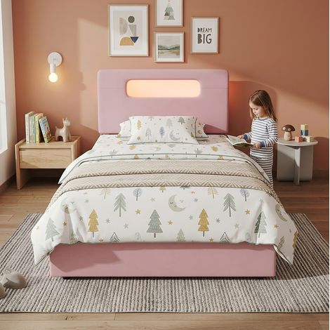 Cama infantil 90x200 cm de terciopelo rosa, LED y 4 cajones, para dormitorio, sin colchón FloraGrace (1/5)