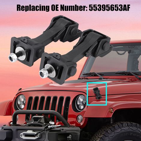 Satz mit 2 Motorhaubenverschlüssen mit Sicherheitsbügeln für Jeep Wrangler JK 2007-2016, Teilenummer 55395653AF, robuste schwarze Befestigungselemente. (1/5)