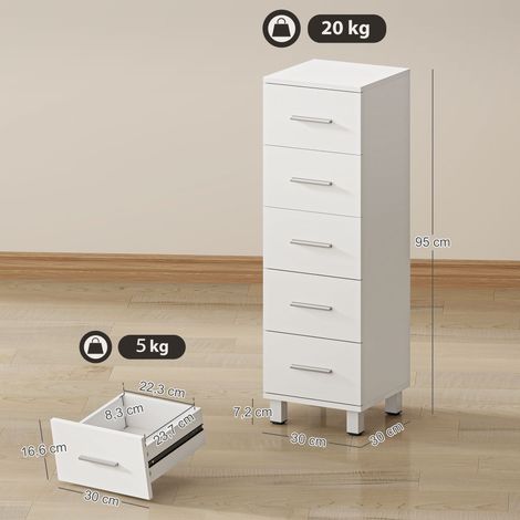 Mobiletto da bagno, mobiletto da bagno stretto con 5 cassetti, mobiletto per WC per bagno, soggiorno, 30 x 30 x 95 cm, bianco